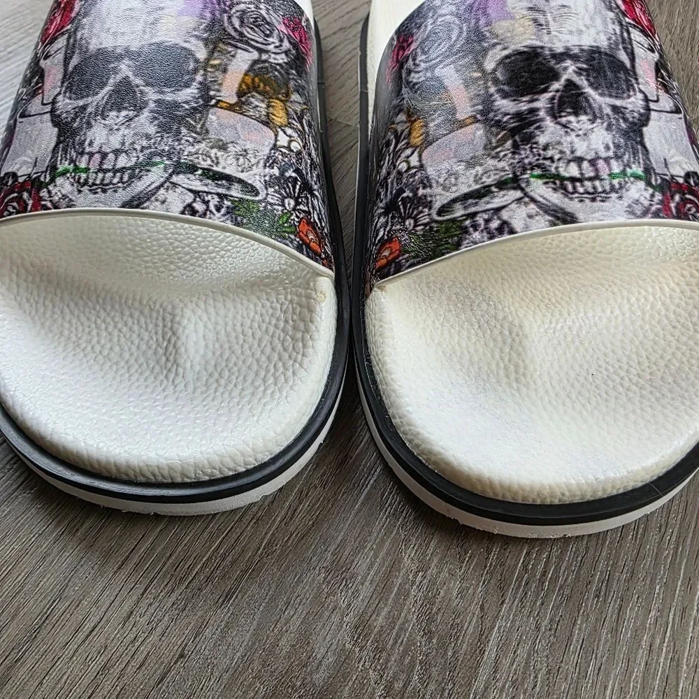 Robert Graham Whiterford Graphic Skull Leather Slides Size 9